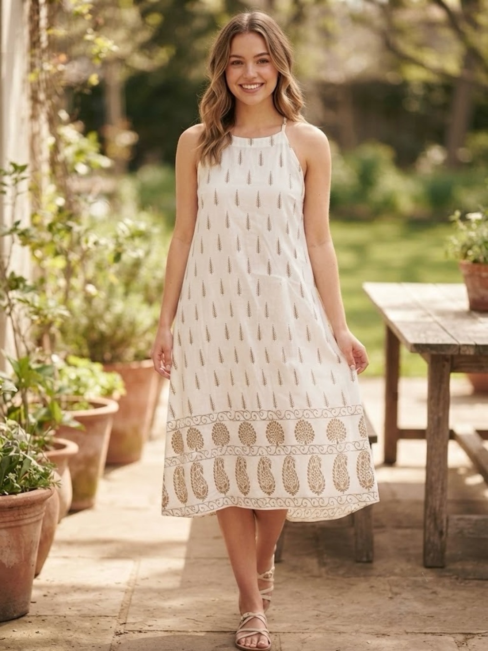 Lapogee White Gold Print Sleeveless Dress Boho Neutral Breezy Lagenlook Paisley